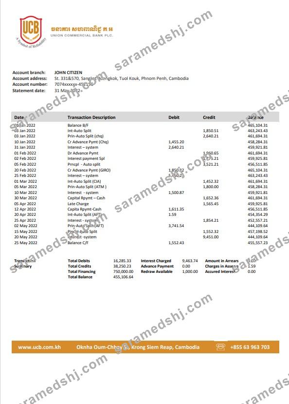 Cambodia Union Commercial bank statement Word and PDF template